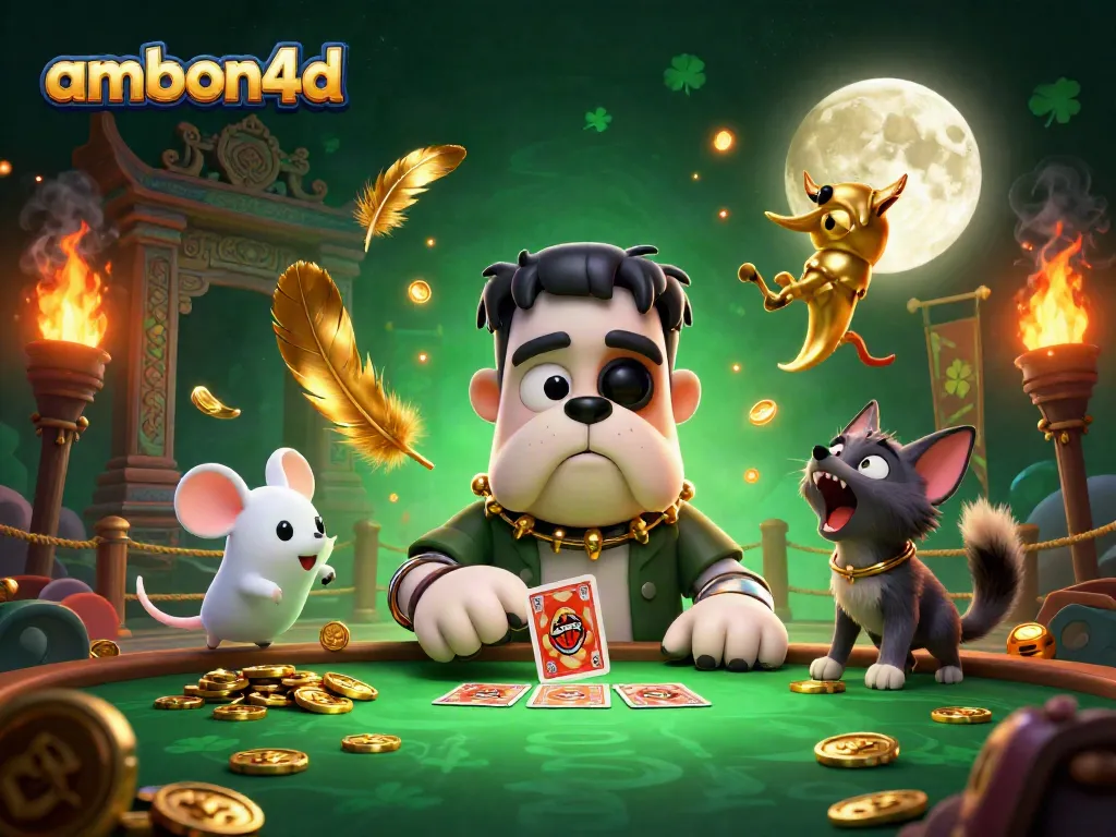 Experience excitement at ambon4d with unique 3D characters engaging at a casino table filled with chips.