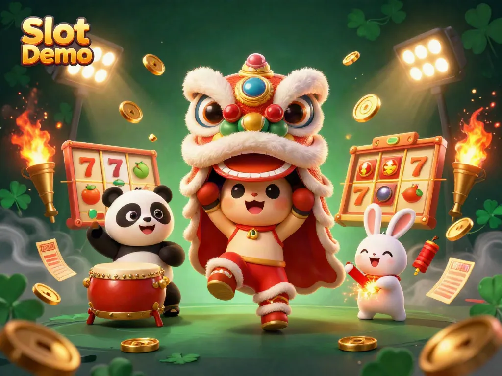 Play Slot Demo with a stunning 3D illustration featuring dynamic characters and vibrant casino elements.