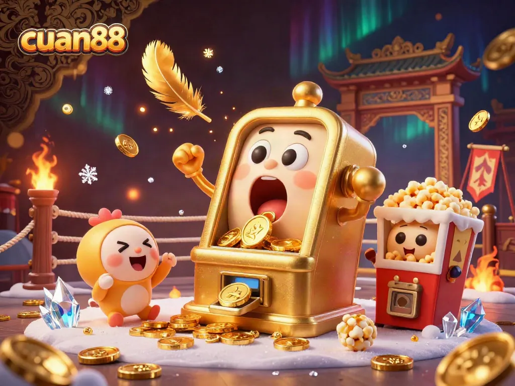 Experience the excitement of cuan88 with a lively illustration of a golden slot machine winning a jackpot.
