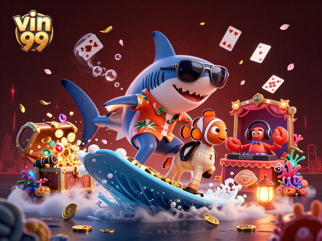 Engage with vin 99 by winning big in a vibrant, gold coin-filled underwater casino scene.