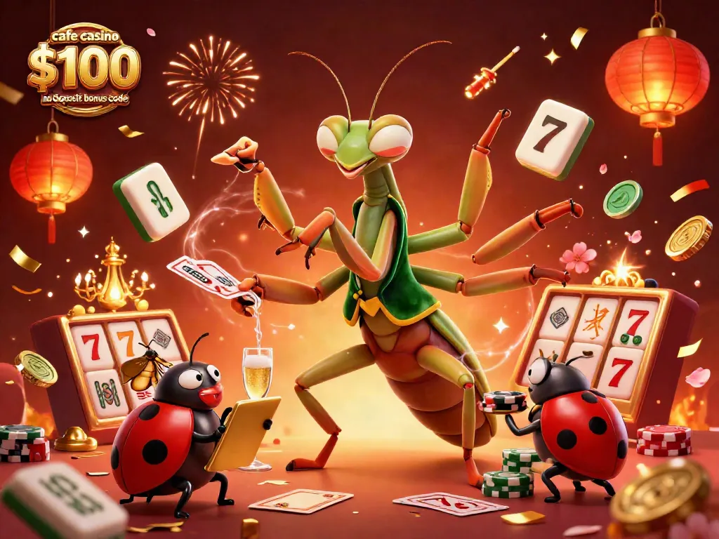 Experience the excitement of the cafe casino $100 no deposit bonus code with a vibrant 3D illustration featuring a lively casino atmosphere