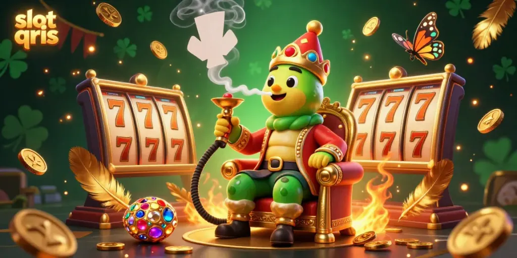 Engaging slot qris themed illustration capturing vibrant casino elements and a whimsical caterpillar master.