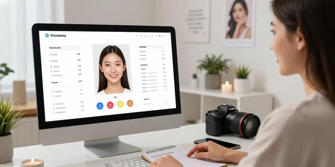 Engaging scene of a person testing attractiveness with AI analysis on their computer, showing facial metrics.