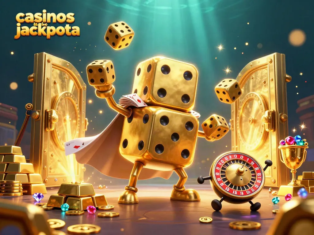 Play engaging games at casinos like jackpota with a dynamic scene featuring enormous golden dice and treasures.