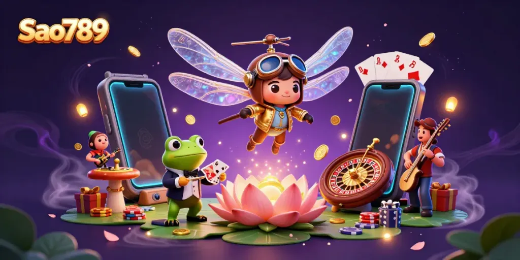 Sao789 casino scene with a dragonfly pilot, frog croupier, and jazz musicians creating a vibrant atmosphere.