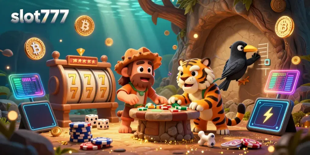 Caveman and sabertooth duo winning big at slot777 casino with crypto elements and joyful atmosphere.