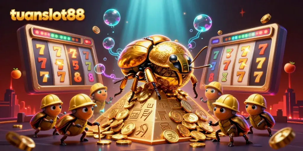 tuanslot88 menghadirkan ikon slot emas besar dengan simbol jackpot menyala dalam gaya ilustrasi 3D yang berwarna-warni dan dinamis.