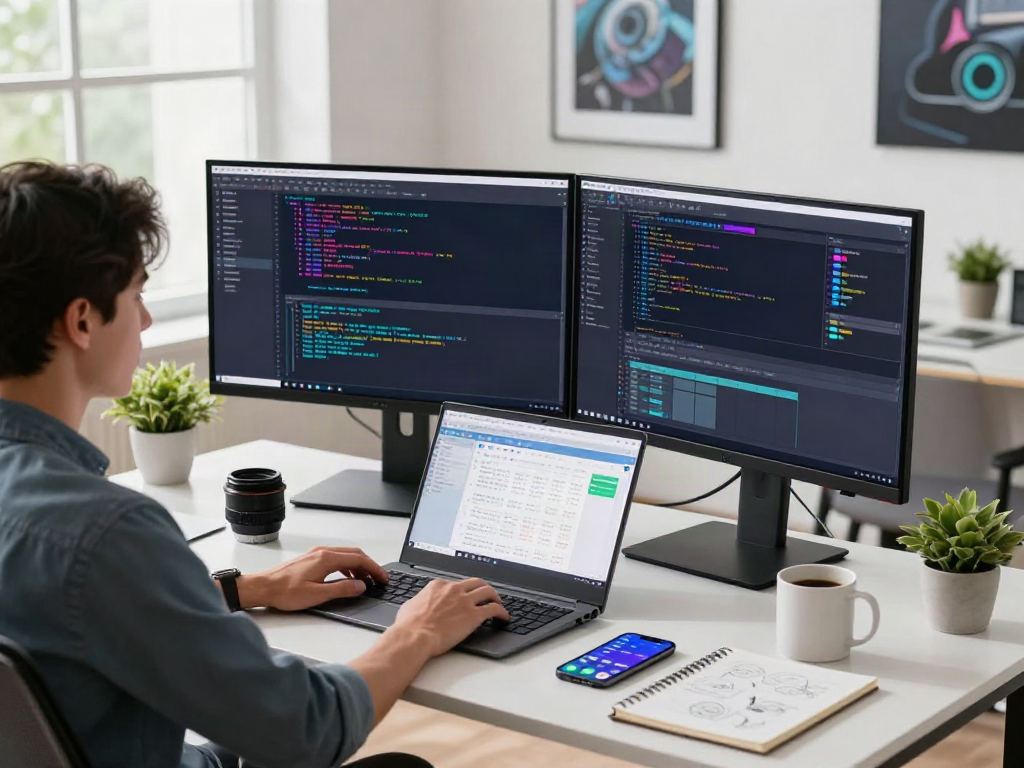 Pikashow app download setup on developer's desk, showcasing coding tools and vibrant workspace.