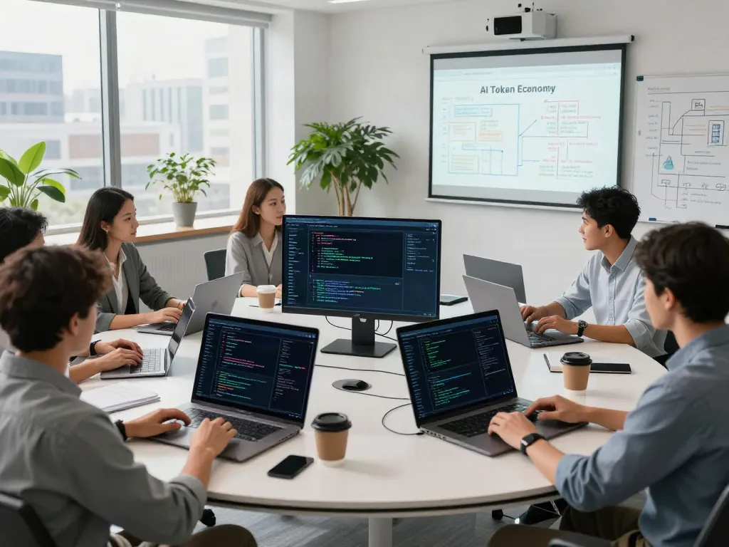 Team collaboration in AI infrastructure workspace discussing the AI Token Economy.