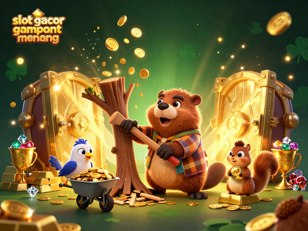 Play to win with slot gacor gampang menang while a beaver collects coins in a vibrant casino scene.