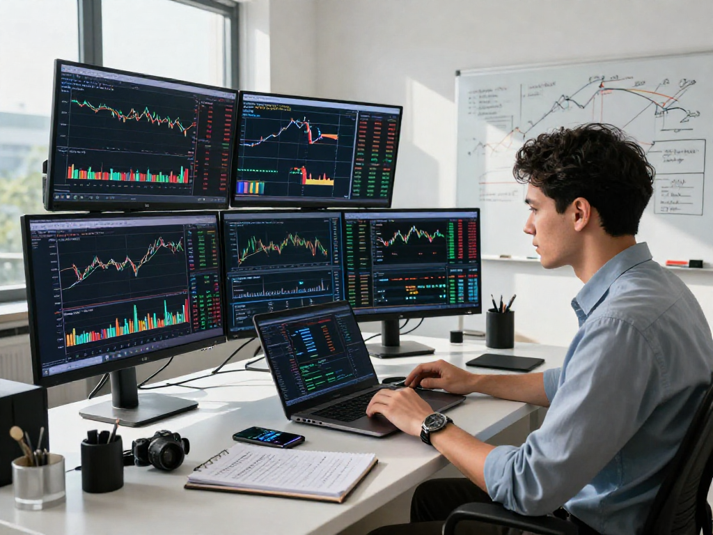 Trader analyzing TradingView charts in a dynamic trading room with screens showing market trends.