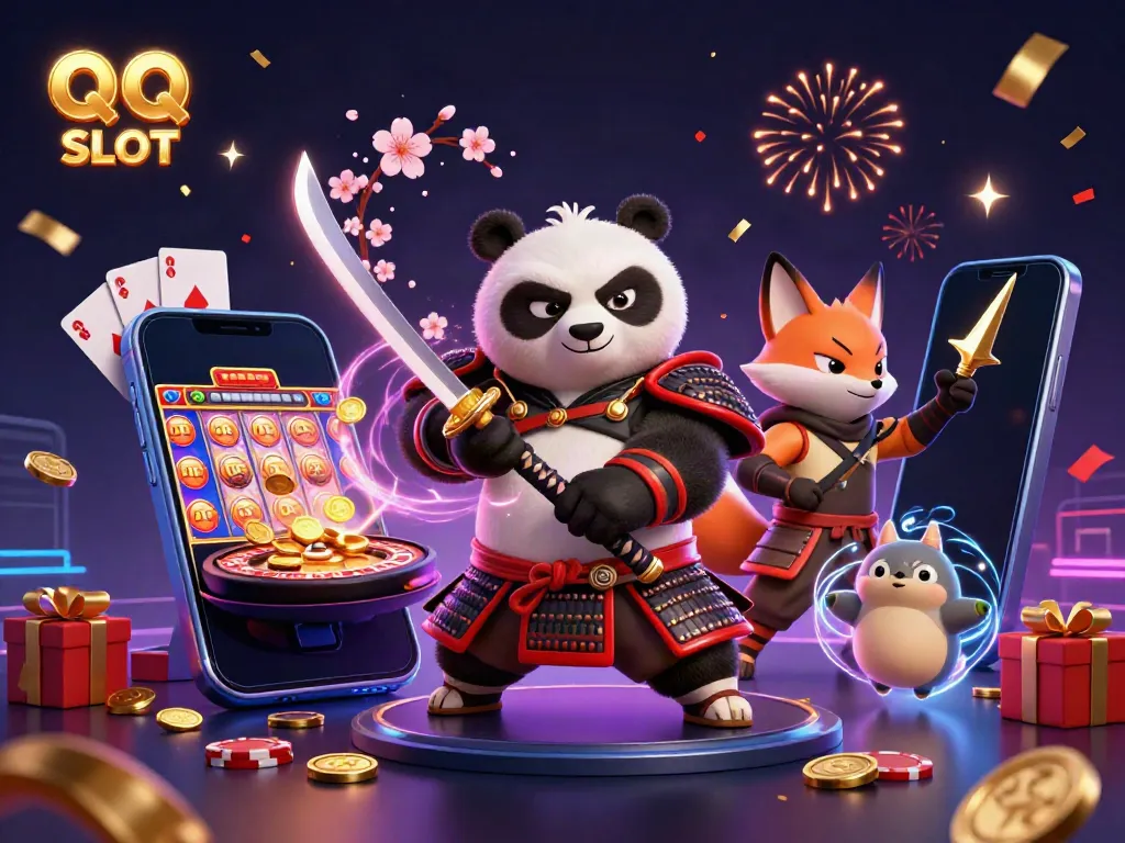 Experience the thrill of QQ SLOT with vibrant 3D characters amid festive casino elements.