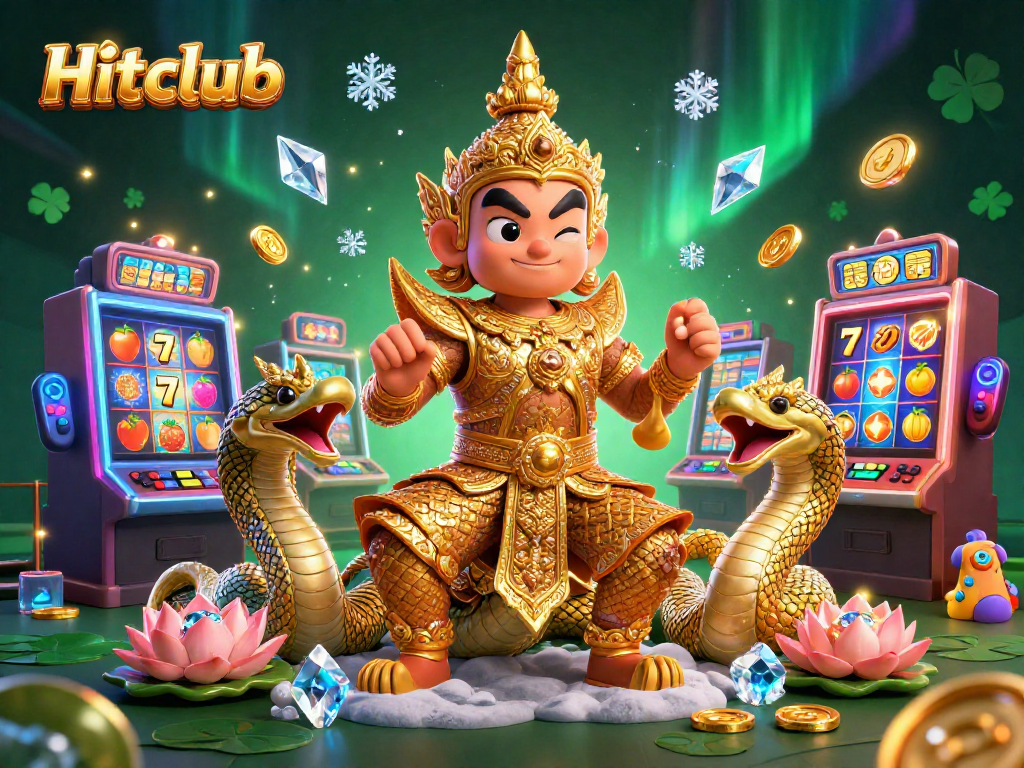 Experience the excitement at Hitclub with a vibrant casino scene featuring animated guardians and slot machines.