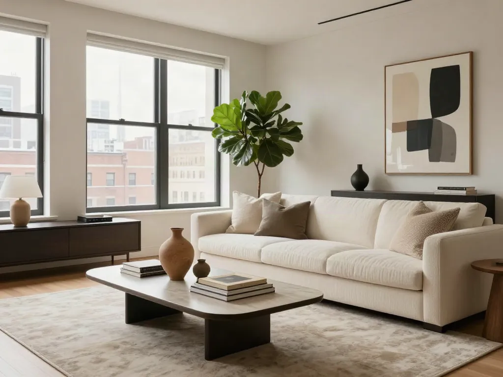 Refined luxury living room by interior design company Brooklyn featuring soft lighting and curated decor.