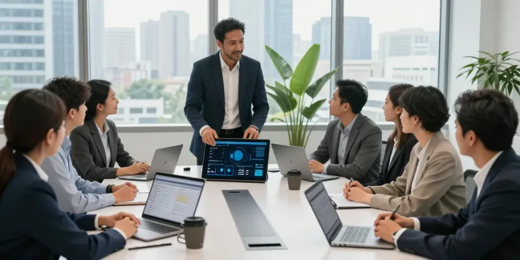 Michael Rustom Consultant collaborating with a team in a modern office setting