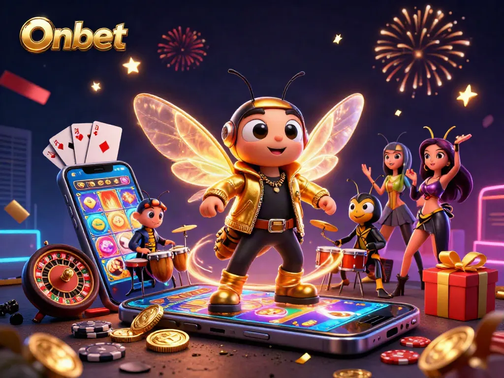 Engage with the thrilling Onbet experience of a rock star casino scene filled with vibrant gaming elements.