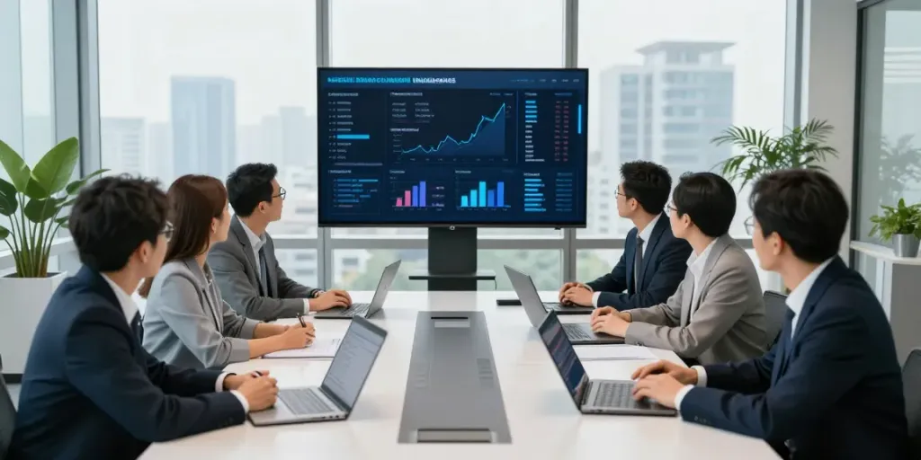 Team discussing largest insurance companies assets in modern office