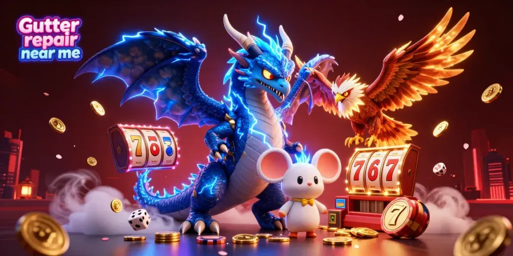 Engaging scene capturing Gutter repair near me with characters and casino elements in a vibrant atmosphere.