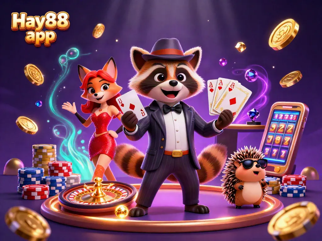 Experience thrilling gameplay with Hay88 app: Join the vibrant raccoon and fox duo in an electrifying casino scene.