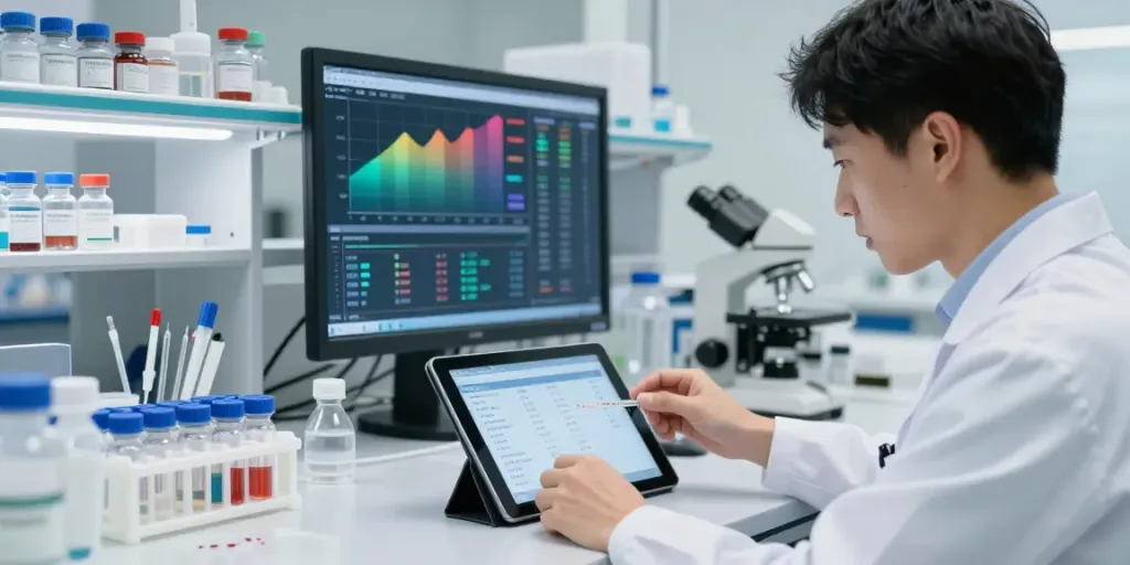 Researcher analyzing peptide price comparison data on tablet in modern lab, peptideprice netlify focused.