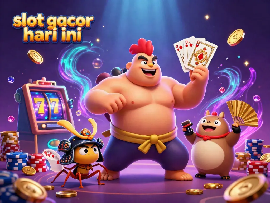 Experience excitement with slot gacor hari ini in a vibrant 3D scene showcasing unique characters and casino elements.