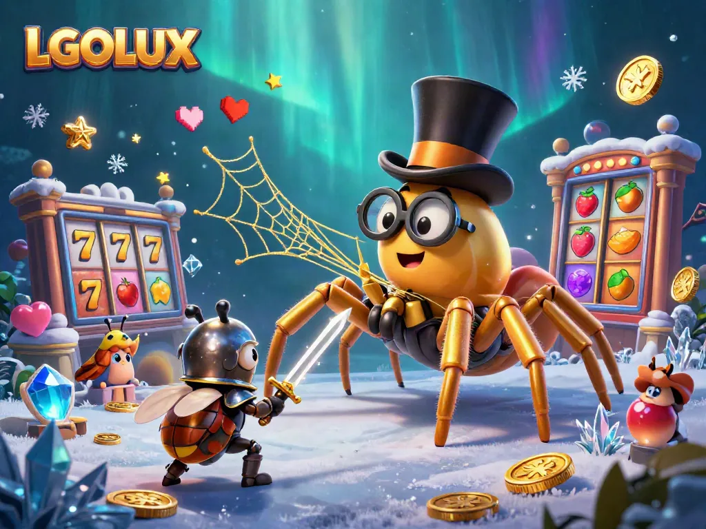 Experience the thrill of LGOLUX slots with a golden tarantula and brave beetle knight in a vibrant casino.